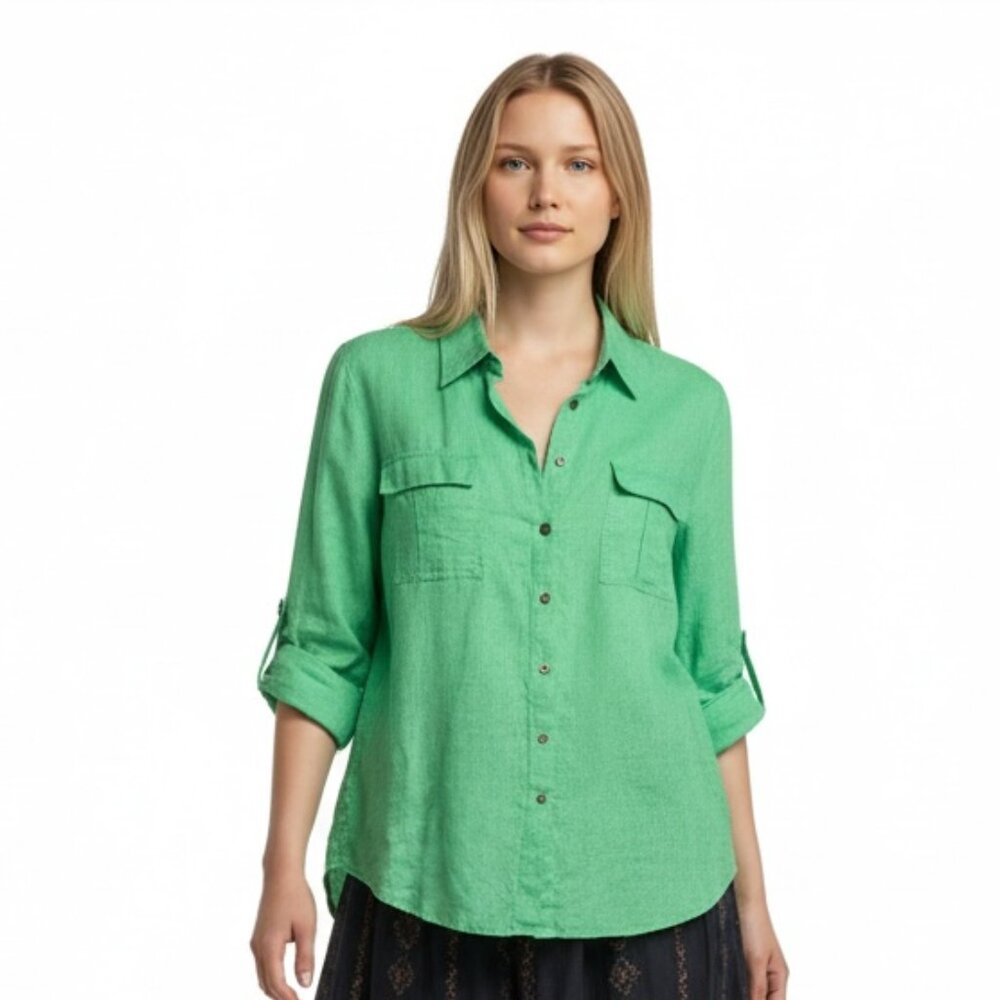 Chaus Spring Green Linen-Cotton Blend Roll-Tab Sleeve Button-Up Blouse Size L